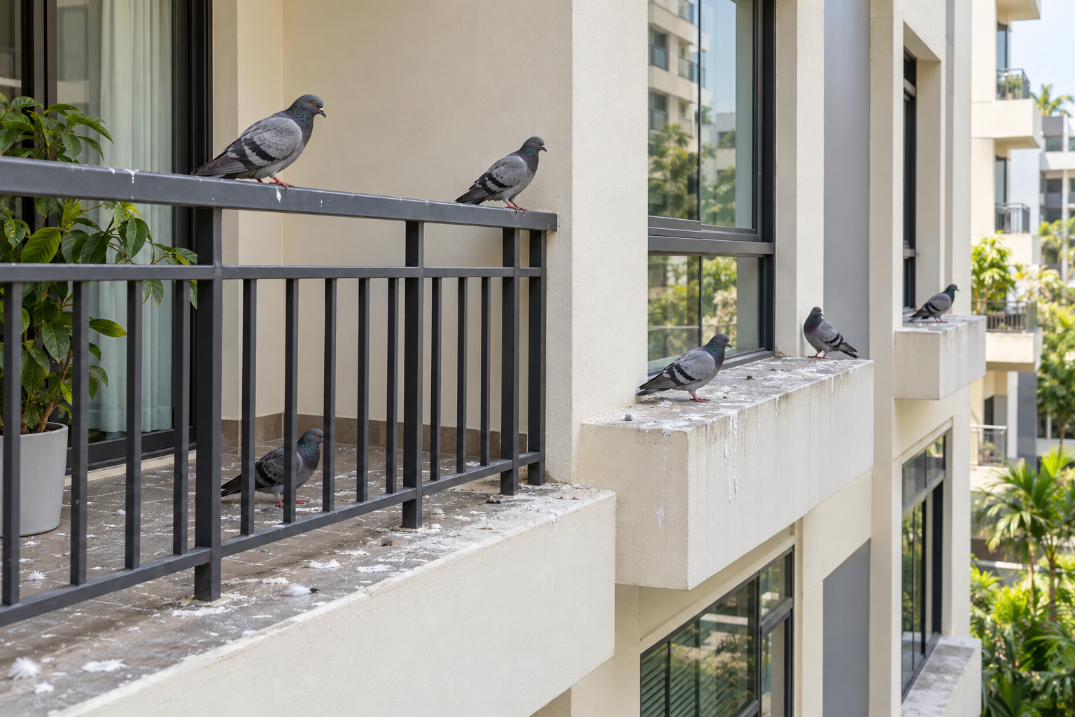 Birds perched on a commercial building ledge