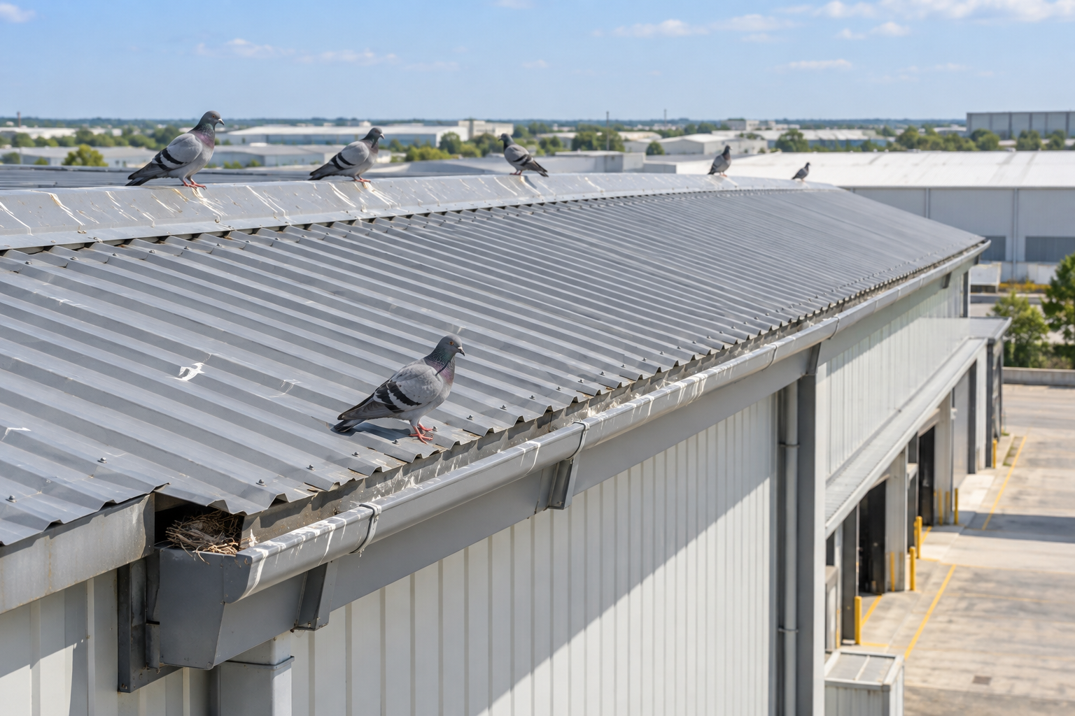 Birds perched on a warehouse