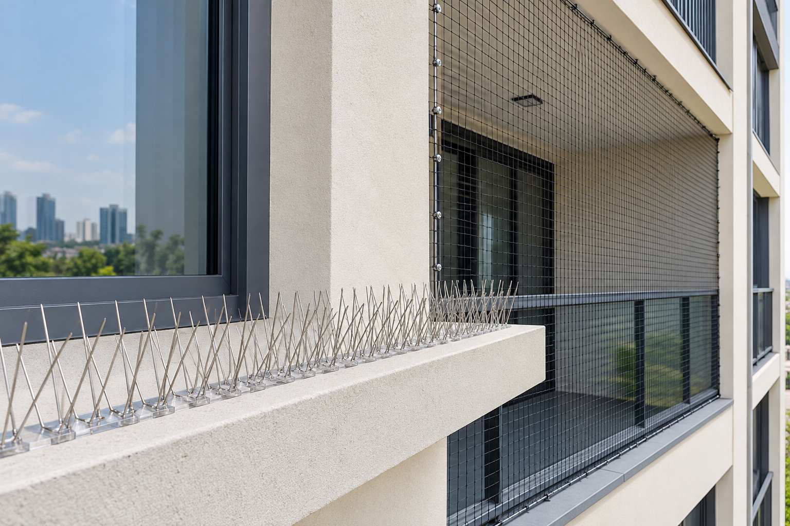 Bird netting installed on a building ledge